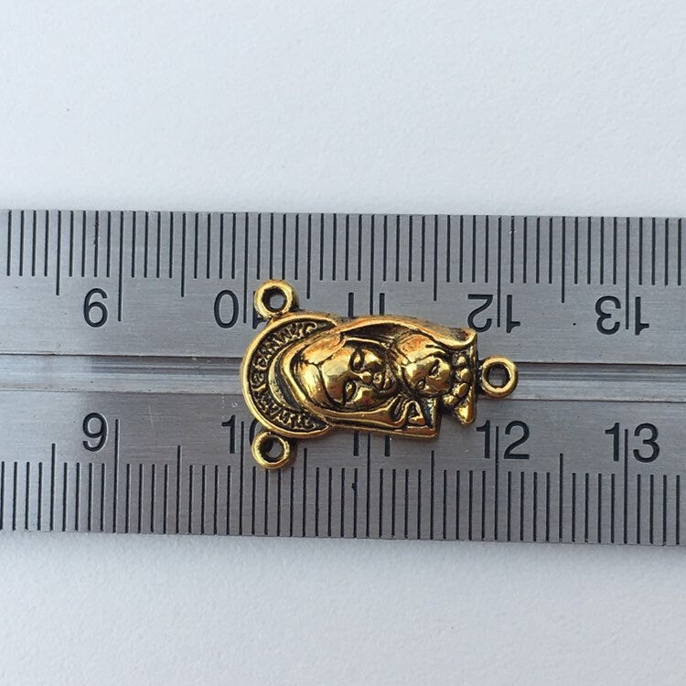 Set of 2 Rosary Charm Connectors/ Antique Gold Virgin Mary Pendant 22x15mm Three Hole Pendants