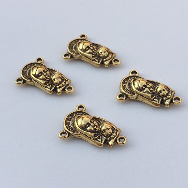 Set of 2 Rosary Charm Connectors/ Antique Gold Virgin Mary Pendant 22x15mm Three Hole Pendants