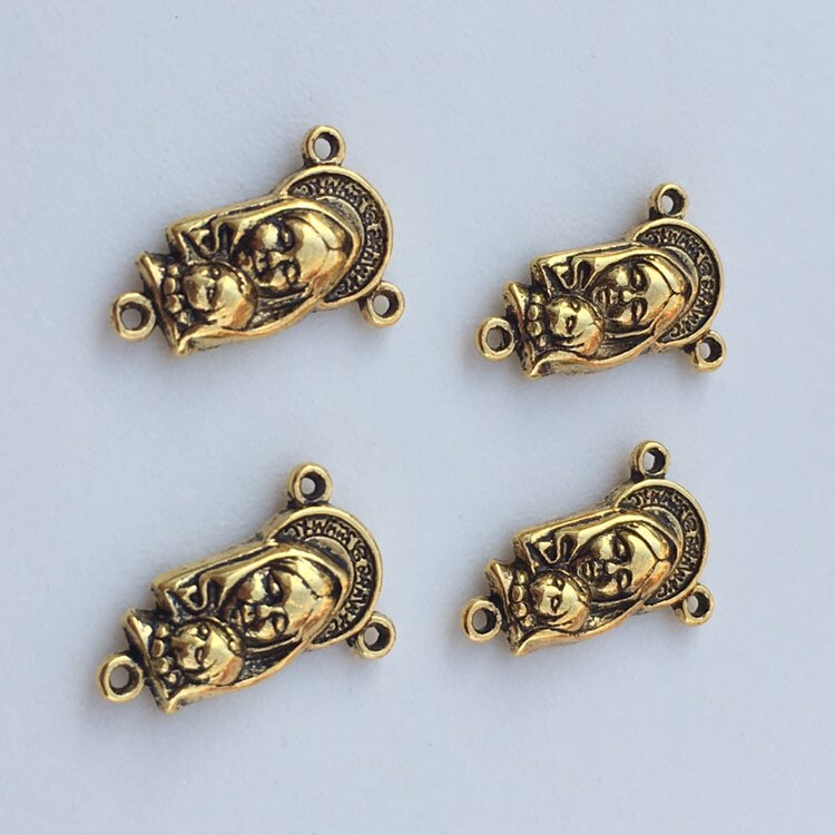 Set of 2 Rosary Charm Connectors/ Antique Gold Virgin Mary Pendant 22x15mm Three Hole Pendants