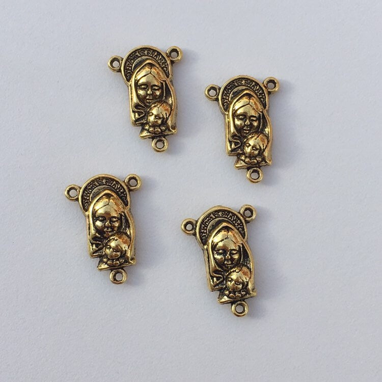 Set of 2 Rosary Charm Connectors/ Antique Gold Virgin Mary Pendant 22x15mm Three Hole Pendants