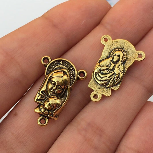 Set of 2 Rosary Charm Connectors/ Antique Gold Virgin Mary Pendant 22x15mm Three Hole Pendants