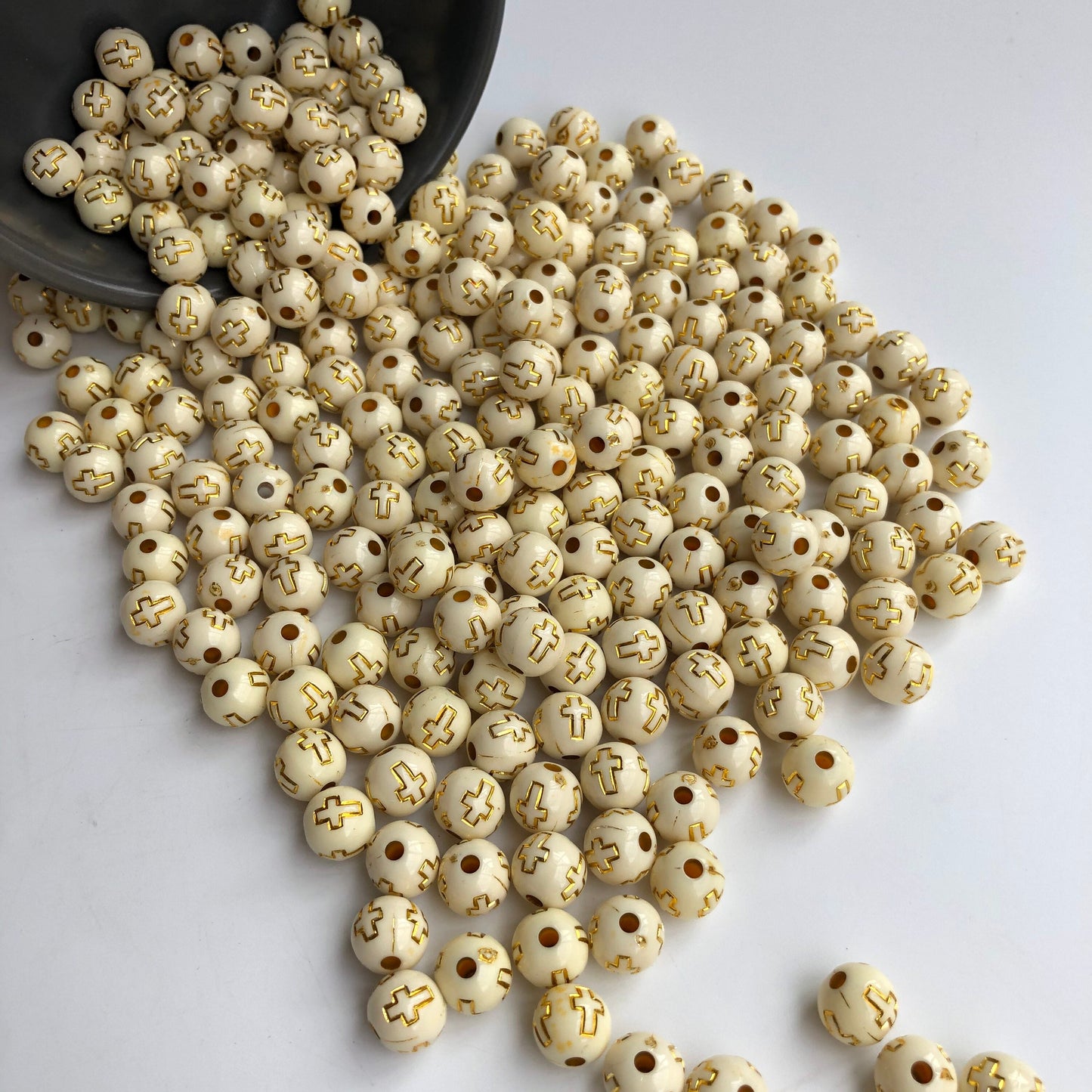 Beige & Gold Cross Beads 10mm Round Jewellery Making Plastic Bead 50 Pieces