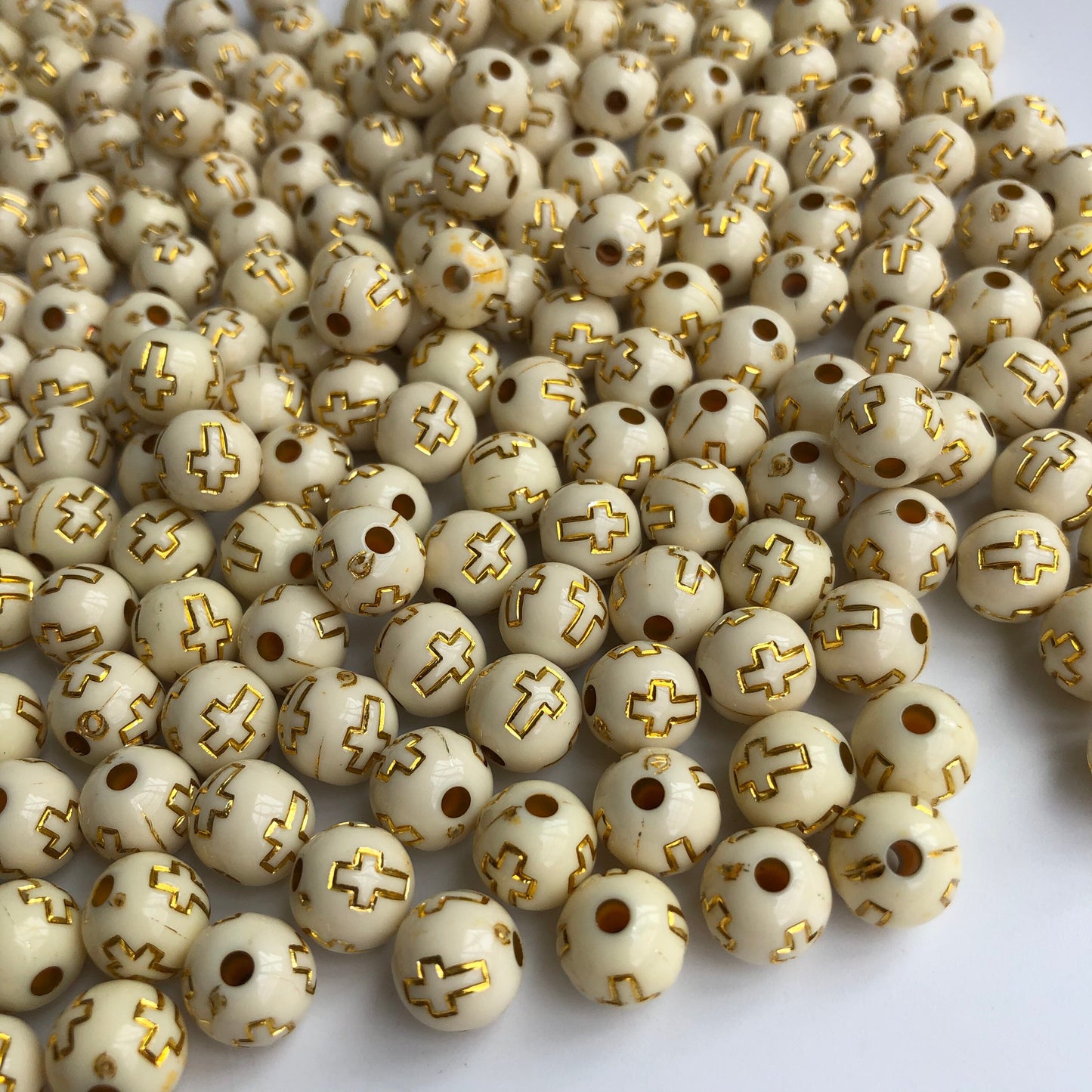 Beige & Gold Cross Beads 10mm Round Jewellery Making Plastic Bead 50 Pieces