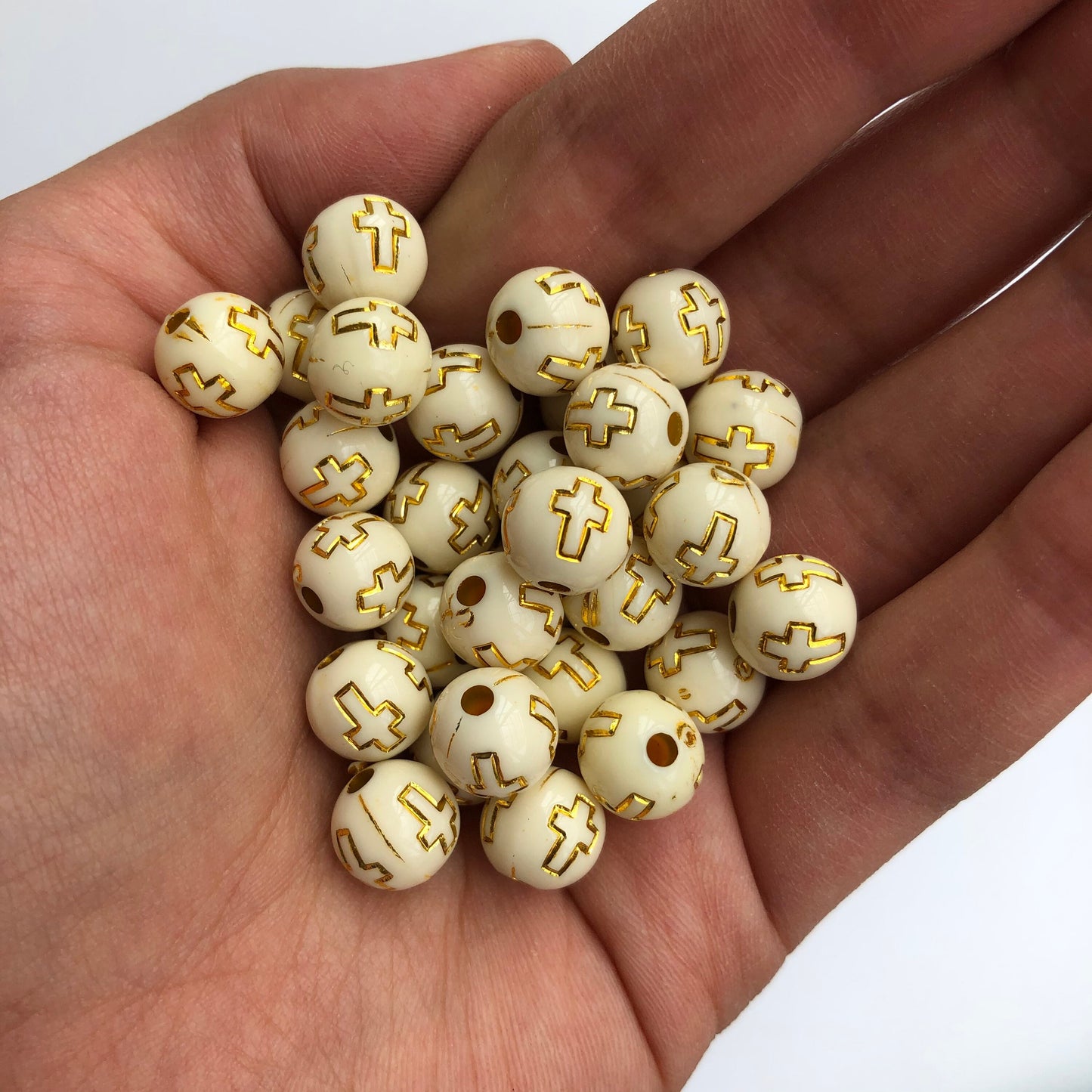 Beige & Gold Cross Beads 10mm Round Jewellery Making Plastic Bead 50 Pieces