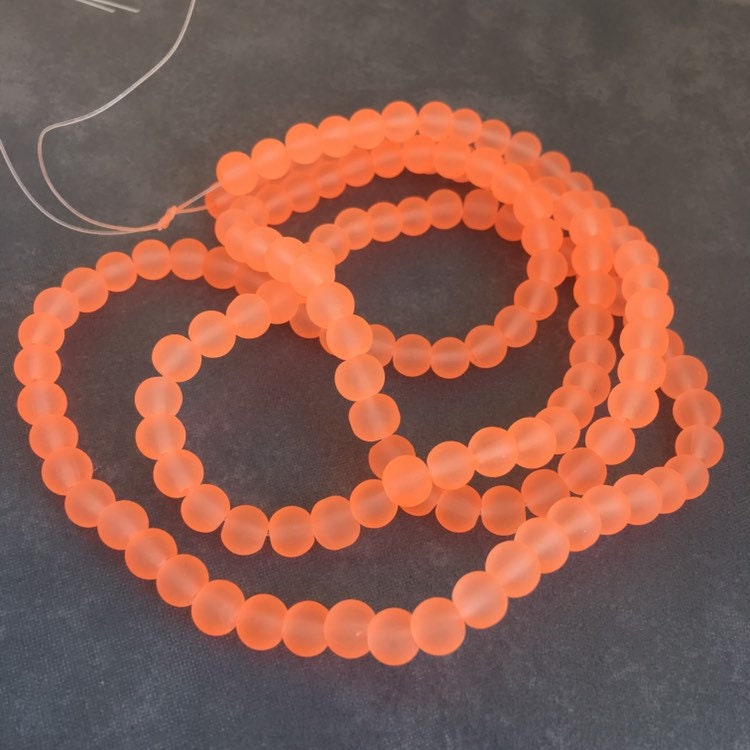 6mm Fluro orange frosted glass beads - 135 pieces per strand - Loose jewellery making bead - Round transparent beads - 80cm strand