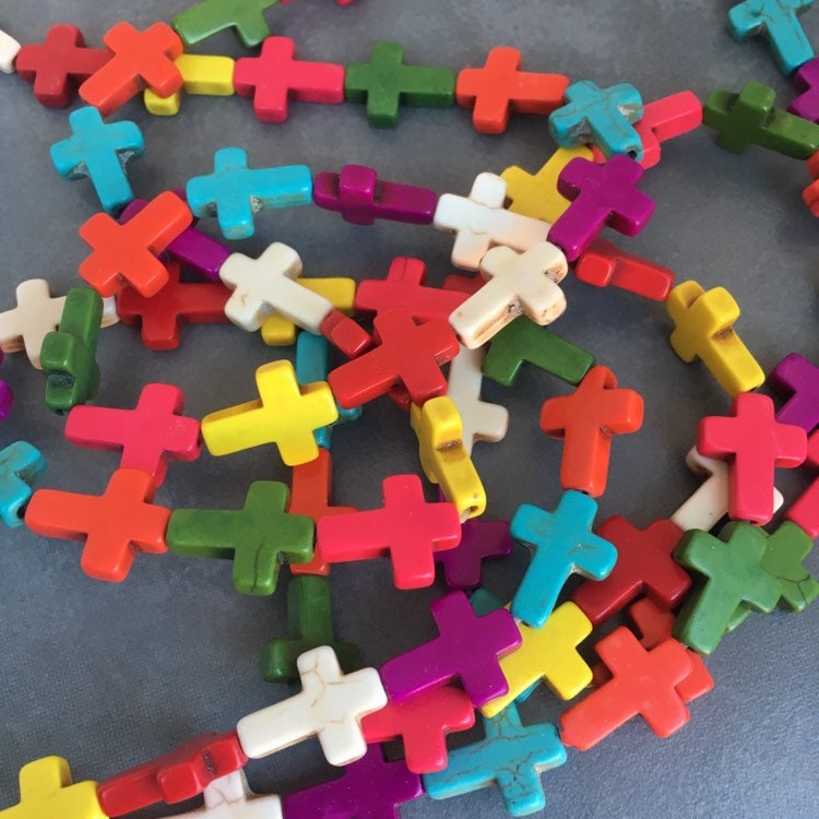 Multi-Colour Cross Sideways Gemstone Beads - 1 Strand Carved Crucifix Spacer Bead - 25 pieces Howlite Beads