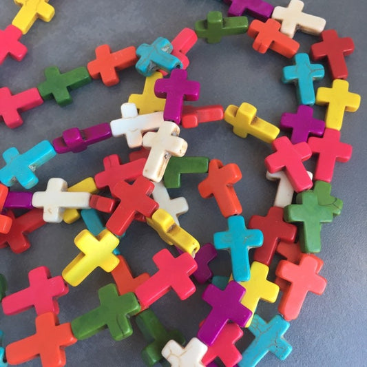 Multi-Colour Cross Sideways Gemstone Beads - 1 Strand Carved Crucifix Spacer Bead - 25 pieces Howlite Beads