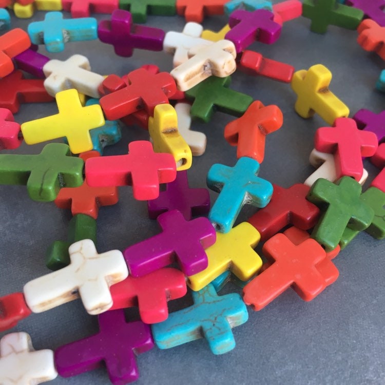 Multi-Colour Cross Sideways Gemstone Beads - 1 Strand Carved Crucifix Spacer Bead - 25 pieces Howlite Beads