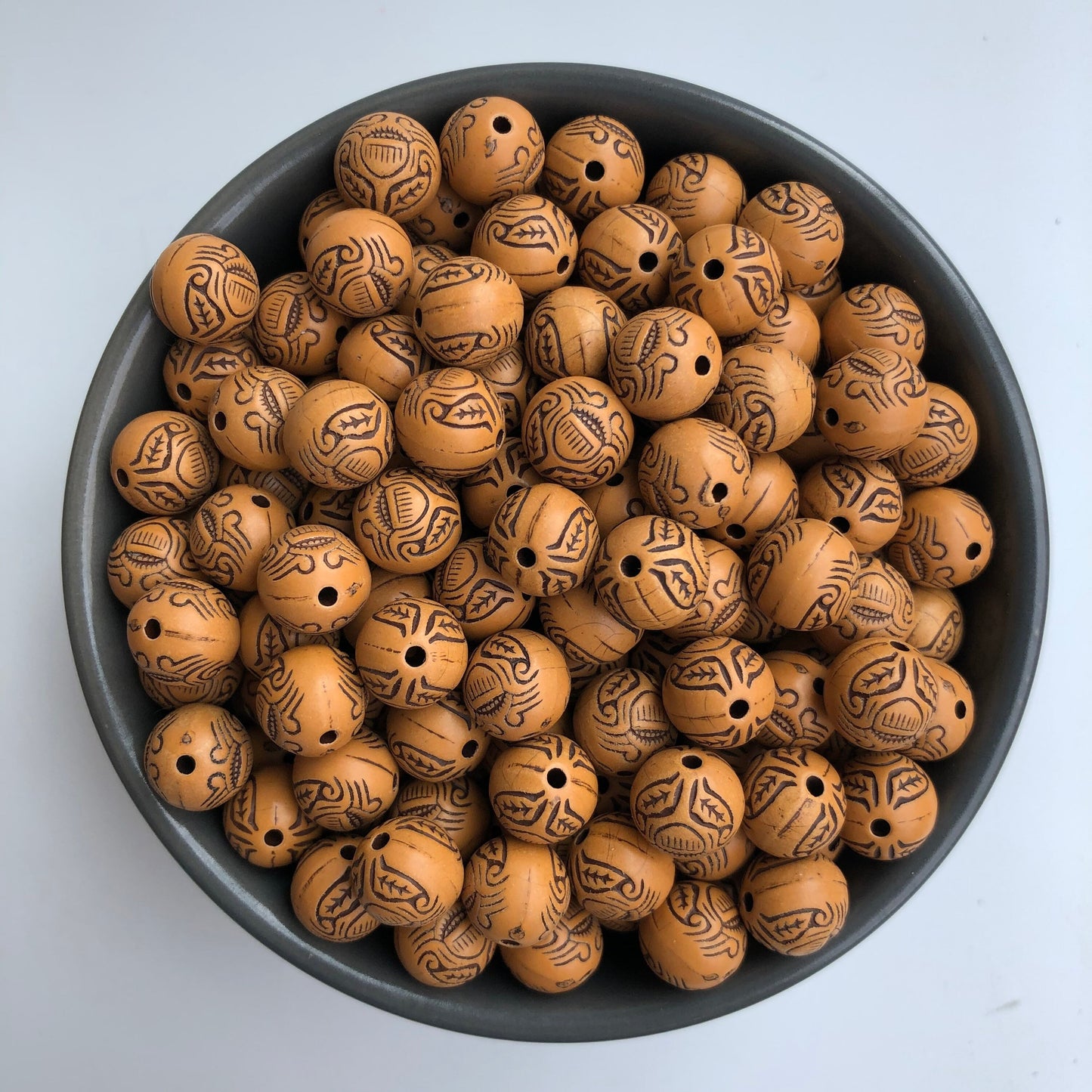 50pcs Tan Brown Round Beads 11mm European Pattern Acrylic Plastic Craft Bead