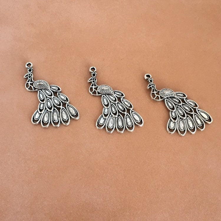 Silver Peacock Metal Alloy Pendant 40mm Exotic Bird Charm 1X Piece