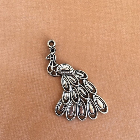 Silver Peacock Metal Alloy Pendant 40mm Exotic Bird Charm 1X Piece