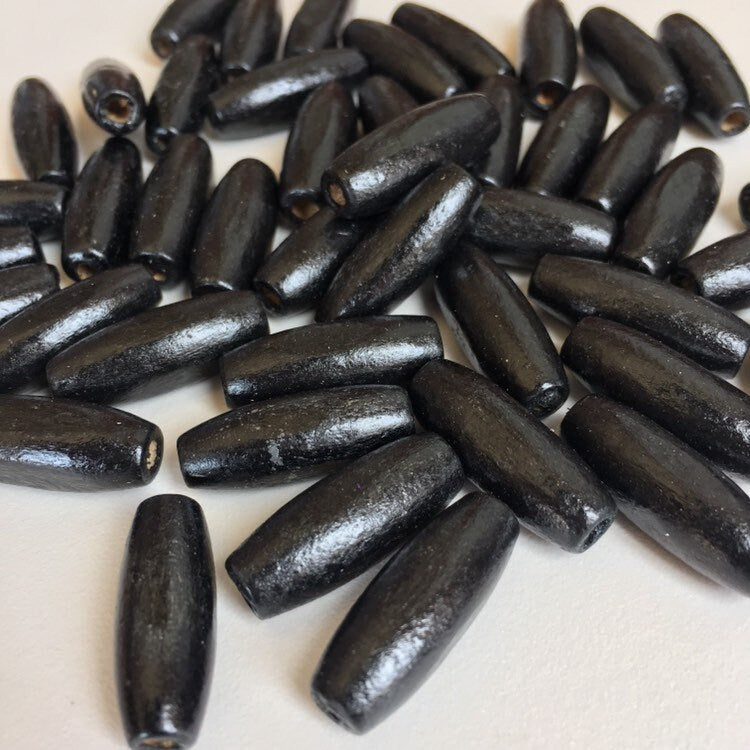 Black Wood Beads 23x8mm Long Oval DIY Necklace Making Wooden Bead 25 Pieces