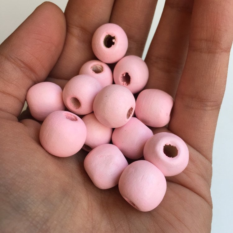 Round Pink Wood Beads - 14x13mm Baby Pink Craft Bead - 25 Pieces Wooden DIY Jewellery Making Macrame Beads