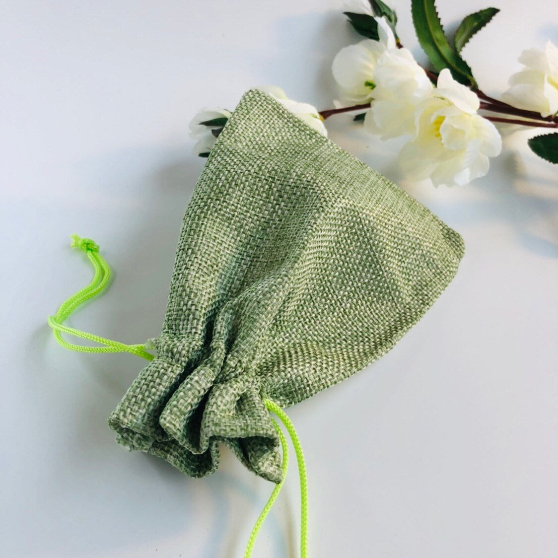 Green Draw String Pouch, Gift Bag Jute Linen Fabric 13x9cm, 5pcs