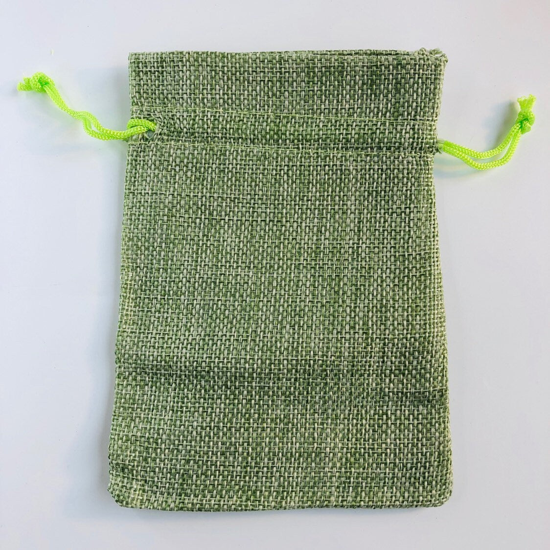 Green Draw String Pouch, Gift Bag Jute Linen Fabric 13x9cm, 5pcs