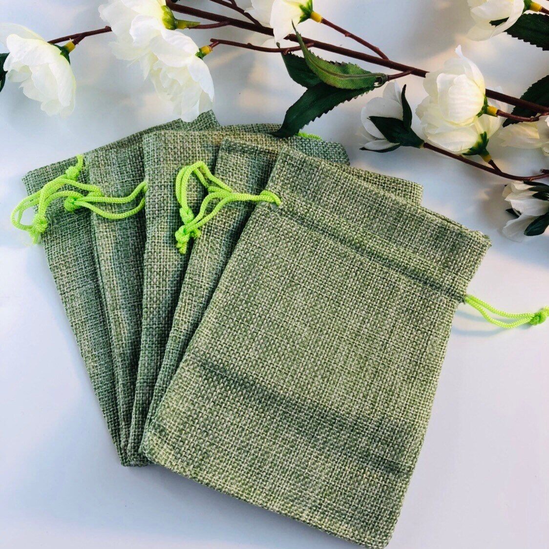 Green Draw String Pouch, Gift Bag Jute Linen Fabric 13x9cm, 5pcs