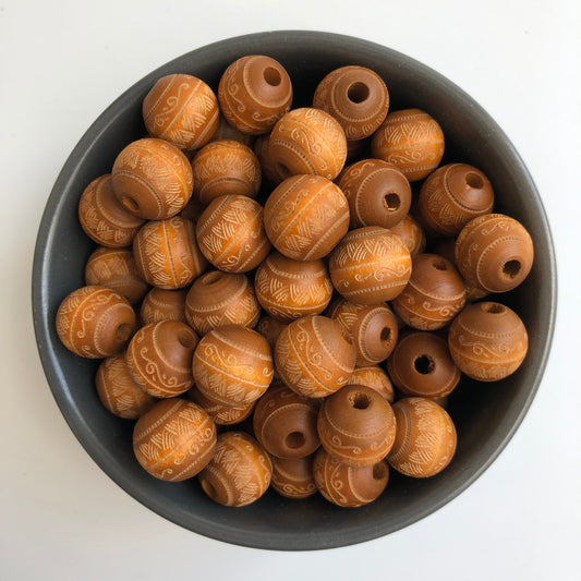 Honey Brown Laser Engraved Wood Beads 16mm Round Wooden Craft Bead 10 Pieces