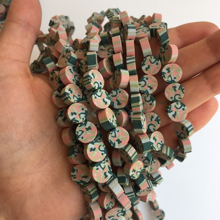 Green Clay Polymer Bead 10x4mm Army Print Round Disc Beads 44 Piece Strand