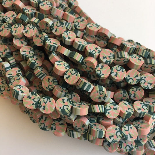 Green Clay Polymer Bead 10x4mm Army Print Round Disc Beads 44 Piece Strand