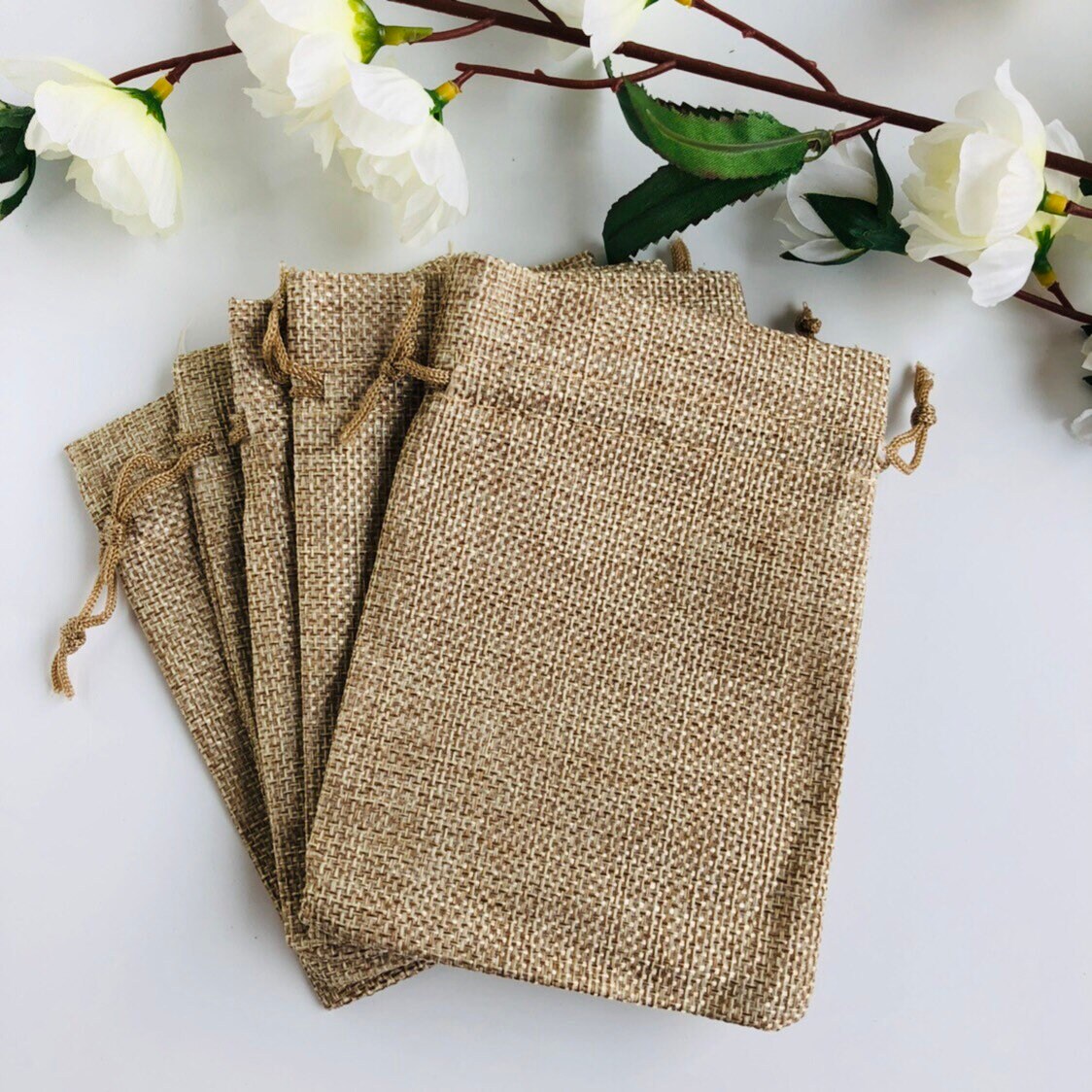 Beige Draw String Pouch, Gift Bag Jute Linen Fabric 13x9cm, 5pcs