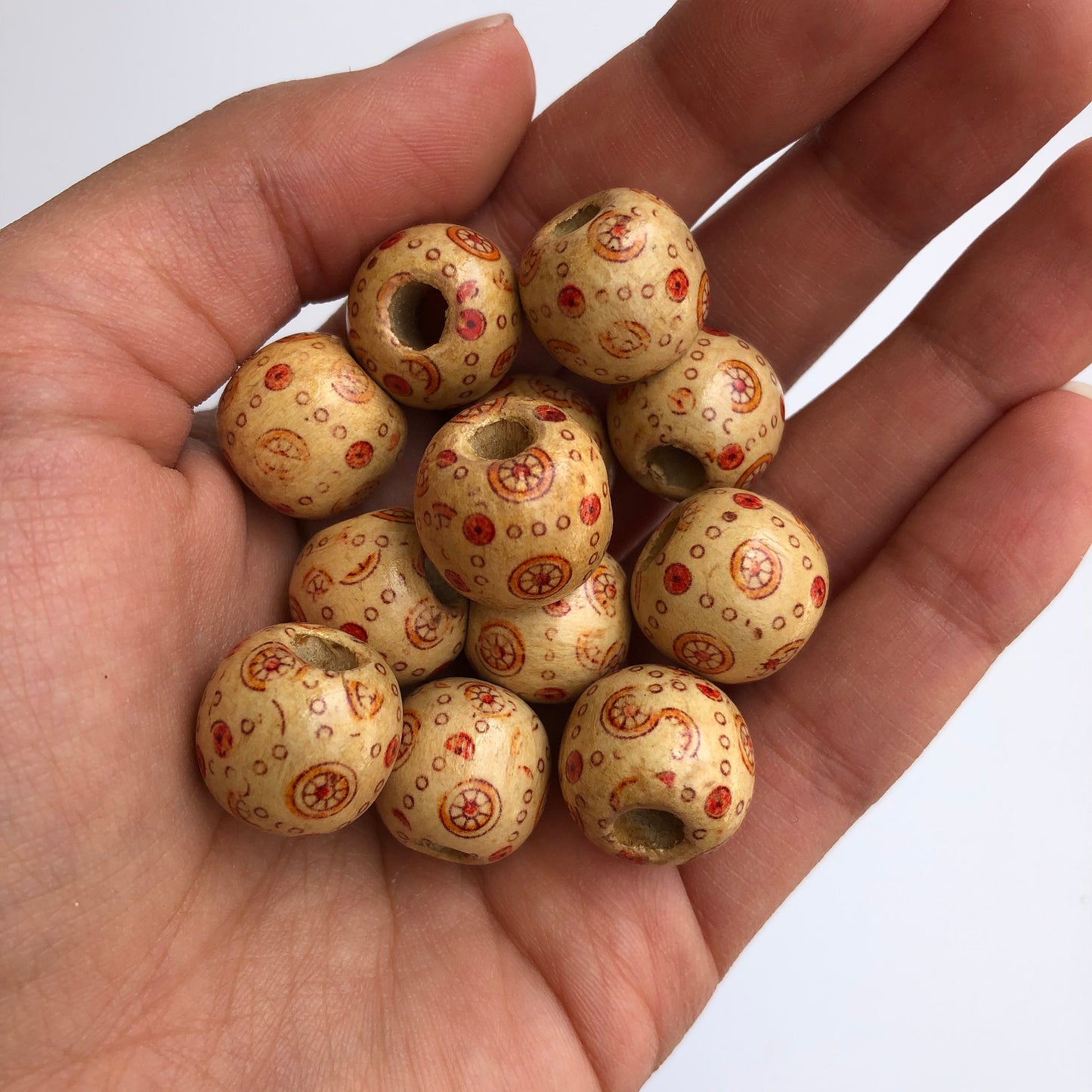 Beige Tribal Pattern Macrame Wood Beads 16mm Round Wooden Craft Bead 25 Pieces