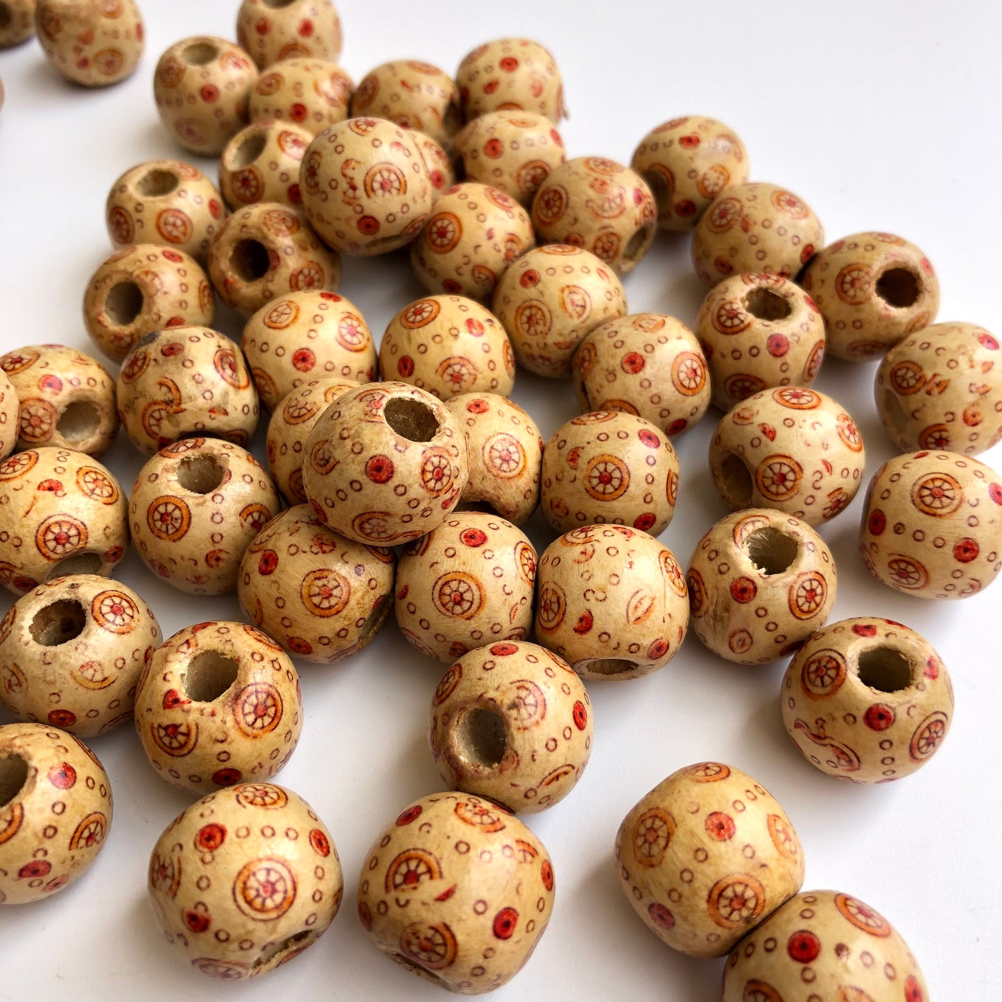 Beige Tribal Pattern Macrame Wood Beads 16mm Round Wooden Craft Bead 25 Pieces