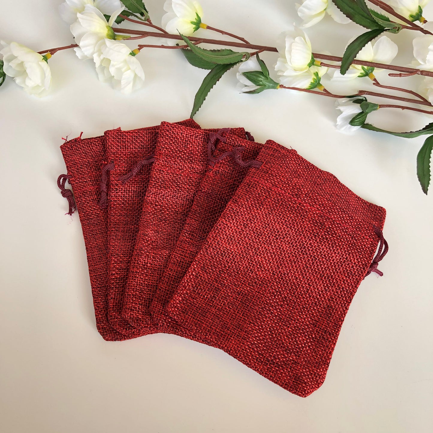 Red Draw String Pouch, Gift Bag Jute Linen Fabric 13x9cm, 5pcs