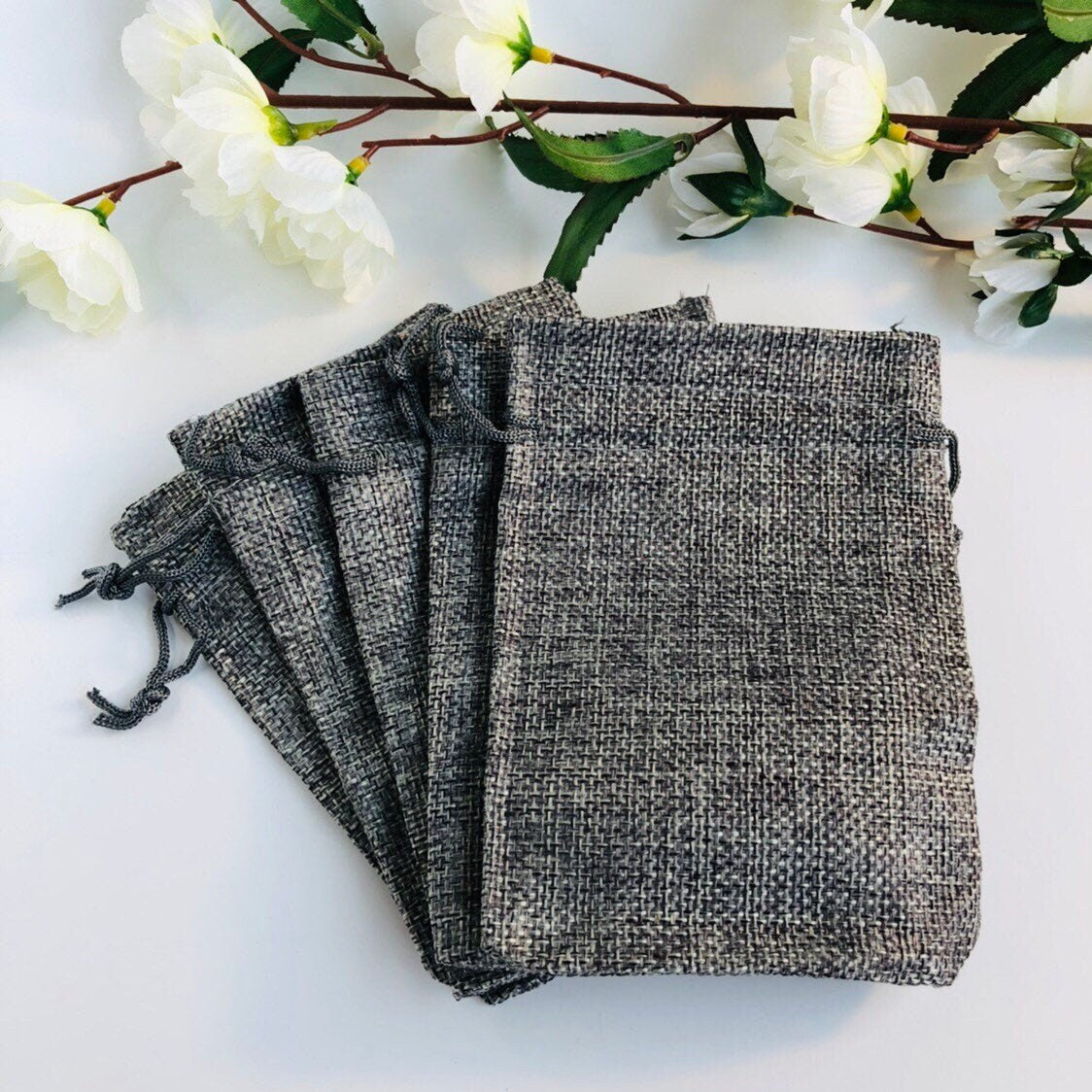 Grey Draw String Pouch, Gift Bag Jute Linen Fabric 13x9cm, 5pcs