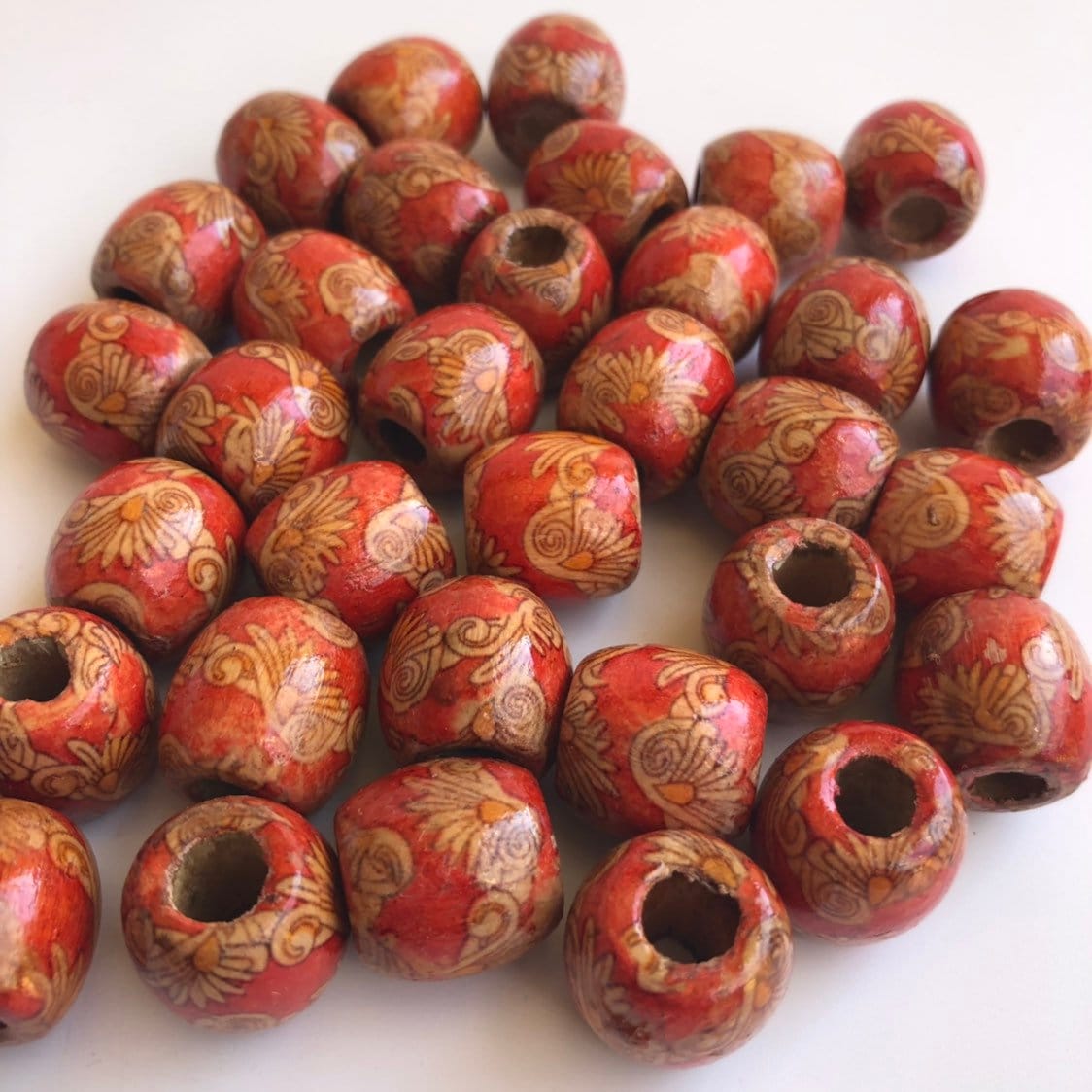 25pcs barrel dreadlock wooden beads, 18x17mm red pattern hair bead, macrame large hole wood pony bead