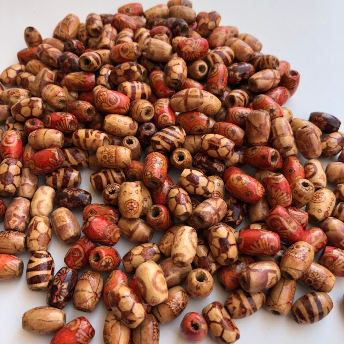 Mixed Tribal Pattern Wood Bead 12x8mm Oval Barrel Shaped Craft Beads 100 Pieces