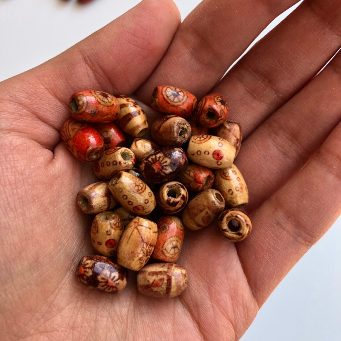 Mixed Tribal Pattern Wood Bead 12x8mm Oval Barrel Shaped Craft Beads 100 Pieces