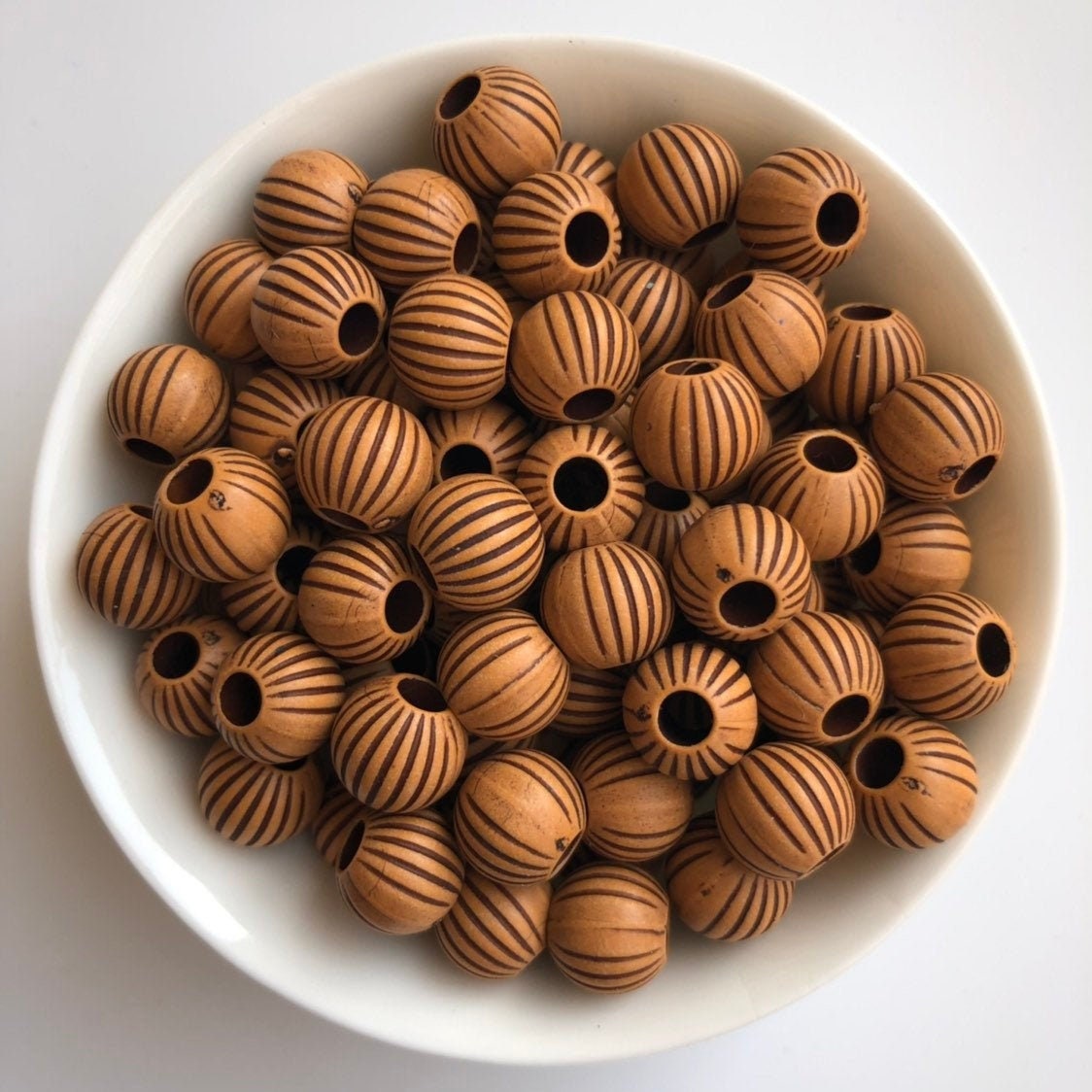 Tan Brown Acrylic Plastic Beads 9.5mm Round Corrugated Striped Bead 100 Pieces