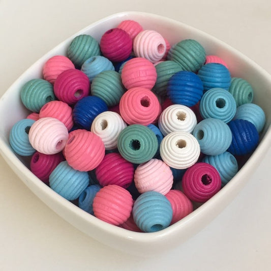 Mixed Pastel Coloured Wooden Beads - Spiral Round Bee Hive Shape Craft Beads, 14mm - Set of 25