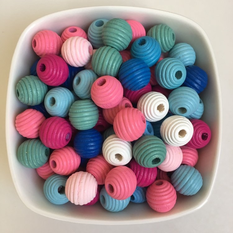 Mixed Pastel Coloured Wooden Beads - Spiral Round Bee Hive Shape Craft Beads, 14mm - Set of 25