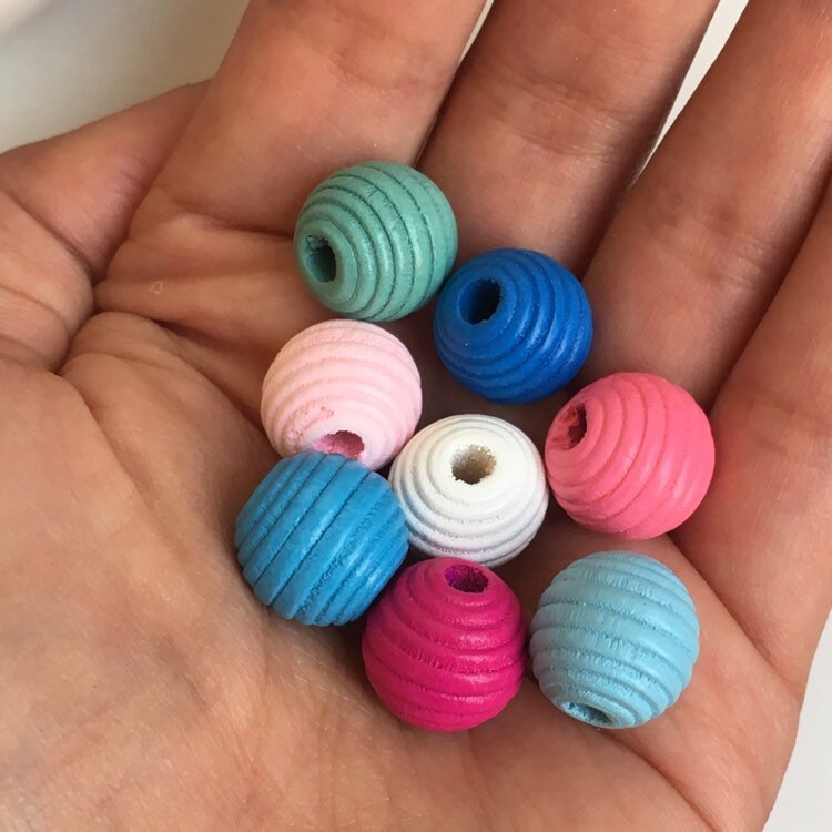 Mixed Pastel Coloured Wooden Beads - Spiral Round Bee Hive Shape Craft Beads, 14mm - Set of 25