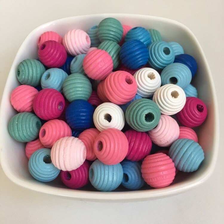 Mixed Pastel Coloured Wooden Beads - Spiral Round Bee Hive Shape Craft Beads, 14mm - Set of 25