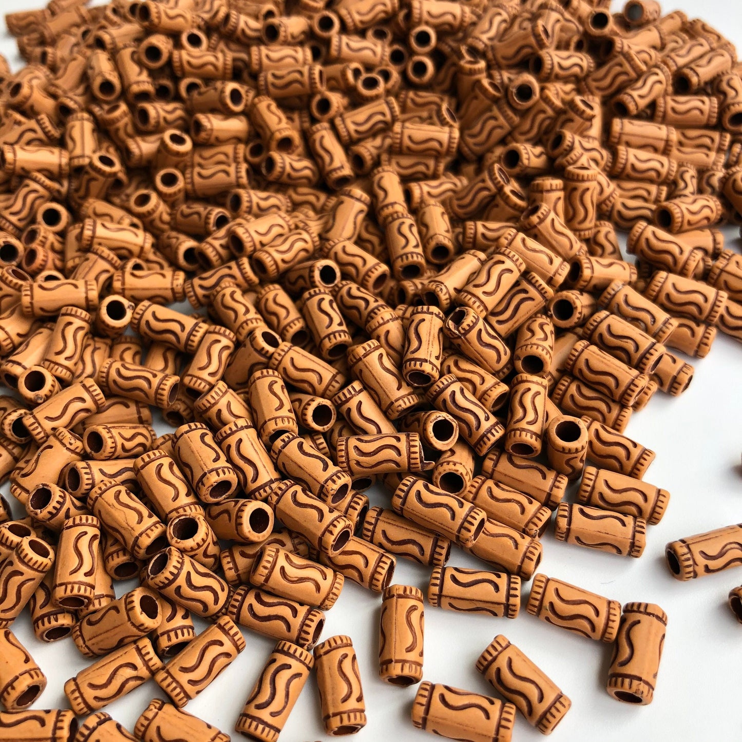 Tan Brown Tube Beads 10x5mm Plastic Tribal Pattern Column Bead 100 Pieces