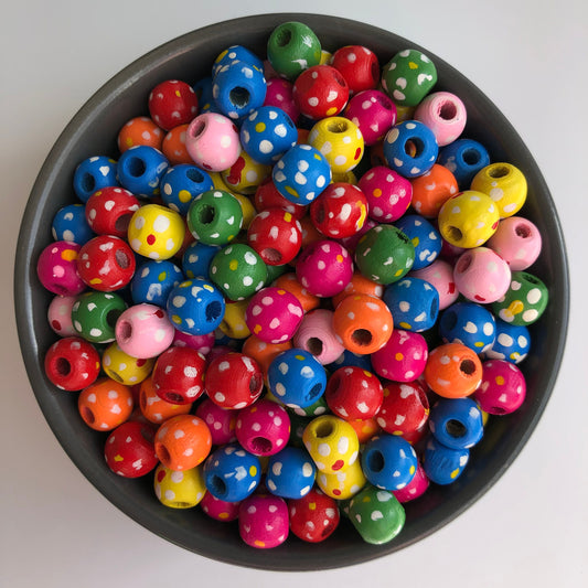 75X Pieces Round Mixed Polka Dot Wood Beads, 10x9mm Mixed Floral Pattern Jewellery Crafting Beads