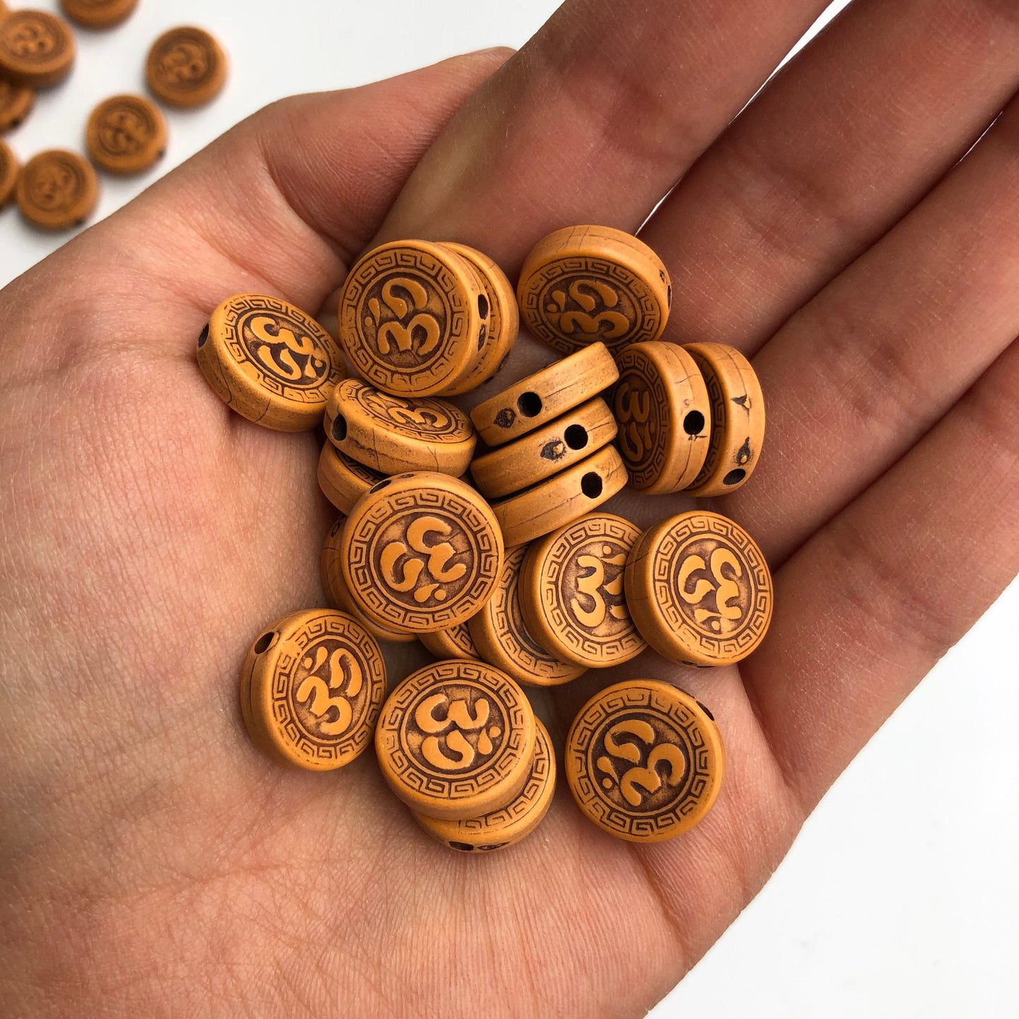 Tan Brown Om Aum Beads 14mm Round Disc Yoga Chakra Symbol Plastic Bead 25 Pieces