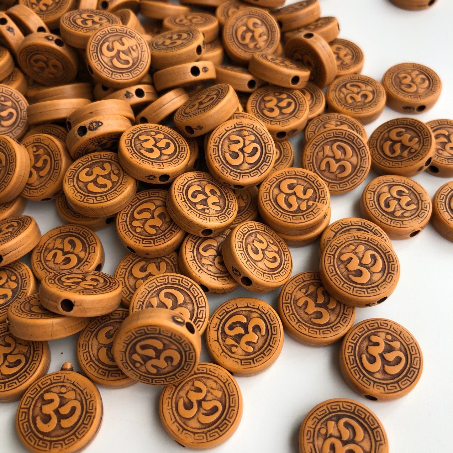 Tan Brown Om Aum Beads 14mm Round Disc Yoga Chakra Symbol Plastic Bead 25 Pieces