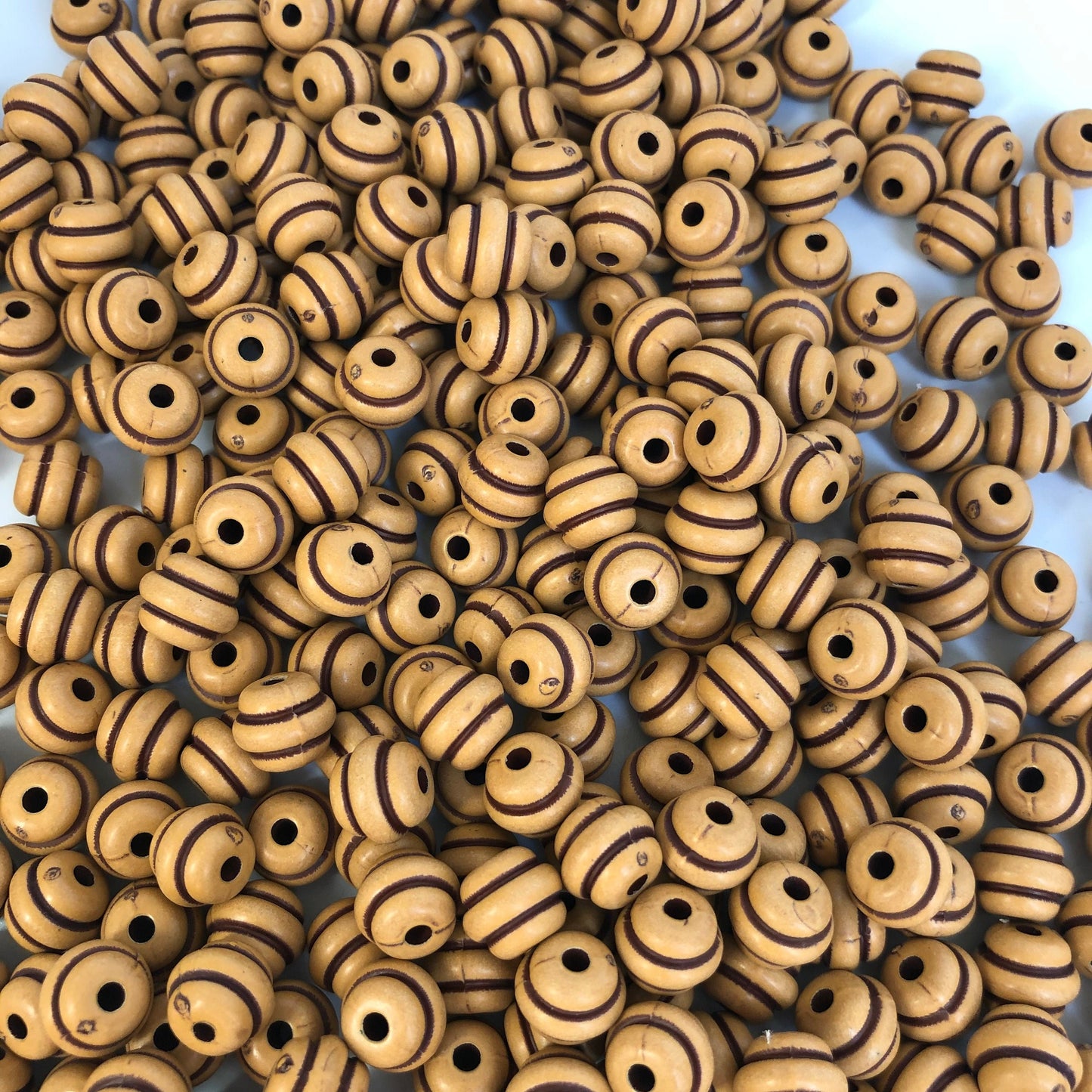 Tan Brown Beehive Pattern Bead 9mm Bicone Plastic Striped Resin Bead 75 Pieces