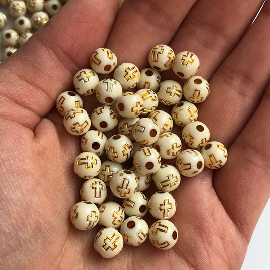 8mm Beige and Gold Cross Bead 75pcs Round Jewellery Making Acrylic Plastic Beads