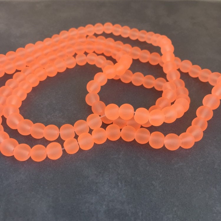 6mm Fluro orange frosted glass beads - 135 pieces per strand - Loose jewellery making bead - Round transparent beads - 80cm strand