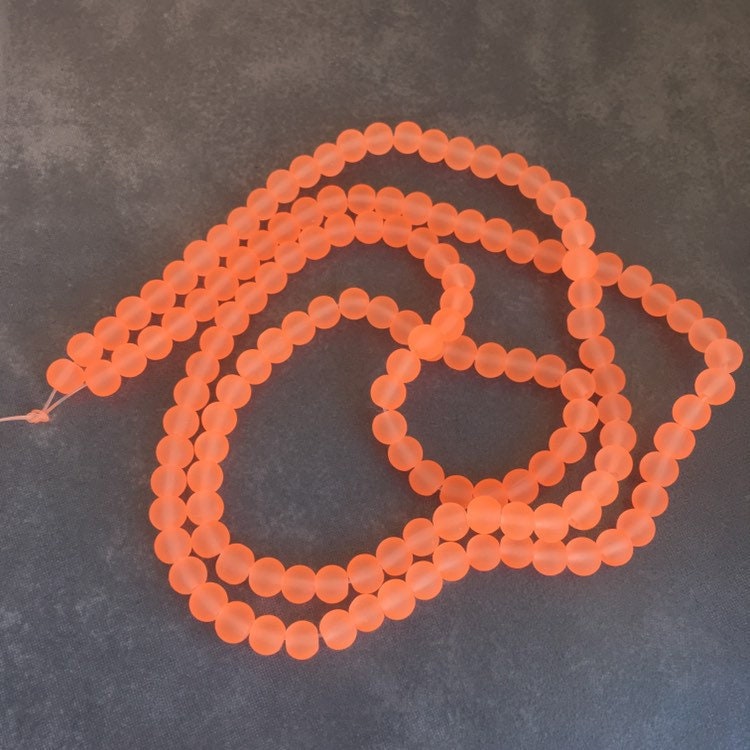 6mm Fluro orange frosted glass beads - 135 pieces per strand - Loose jewellery making bead - Round transparent beads - 80cm strand