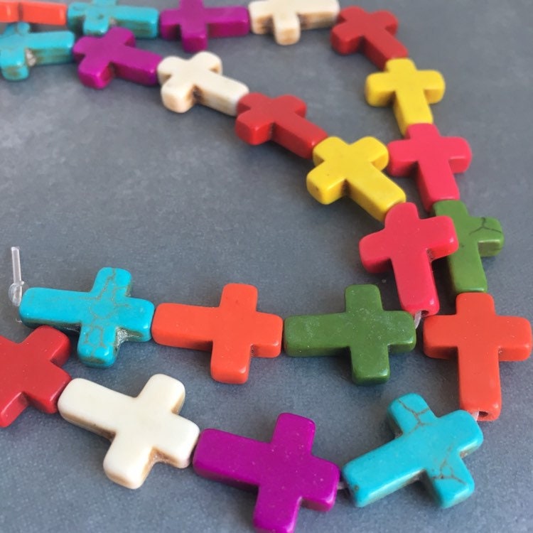 Multi-Colour Cross Sideways Gemstone Beads - 1 Strand Carved Crucifix Spacer Bead - 25 pieces Howlite Beads