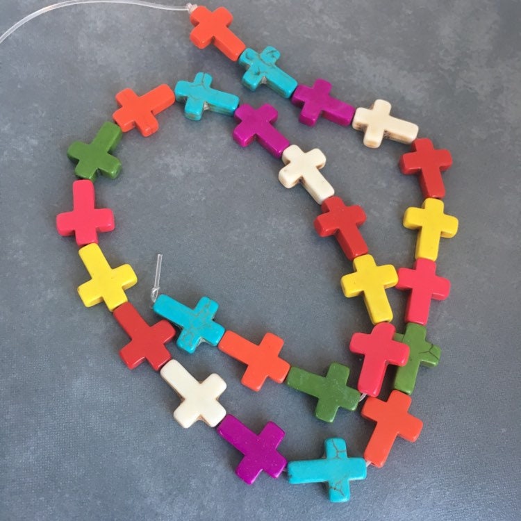 Multi-Colour Cross Sideways Gemstone Beads - 1 Strand Carved Crucifix Spacer Bead - 25 pieces Howlite Beads