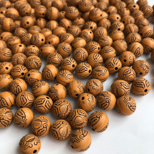 50pcs Tan Brown Round Beads 11mm European Pattern Acrylic Plastic Craft Bead