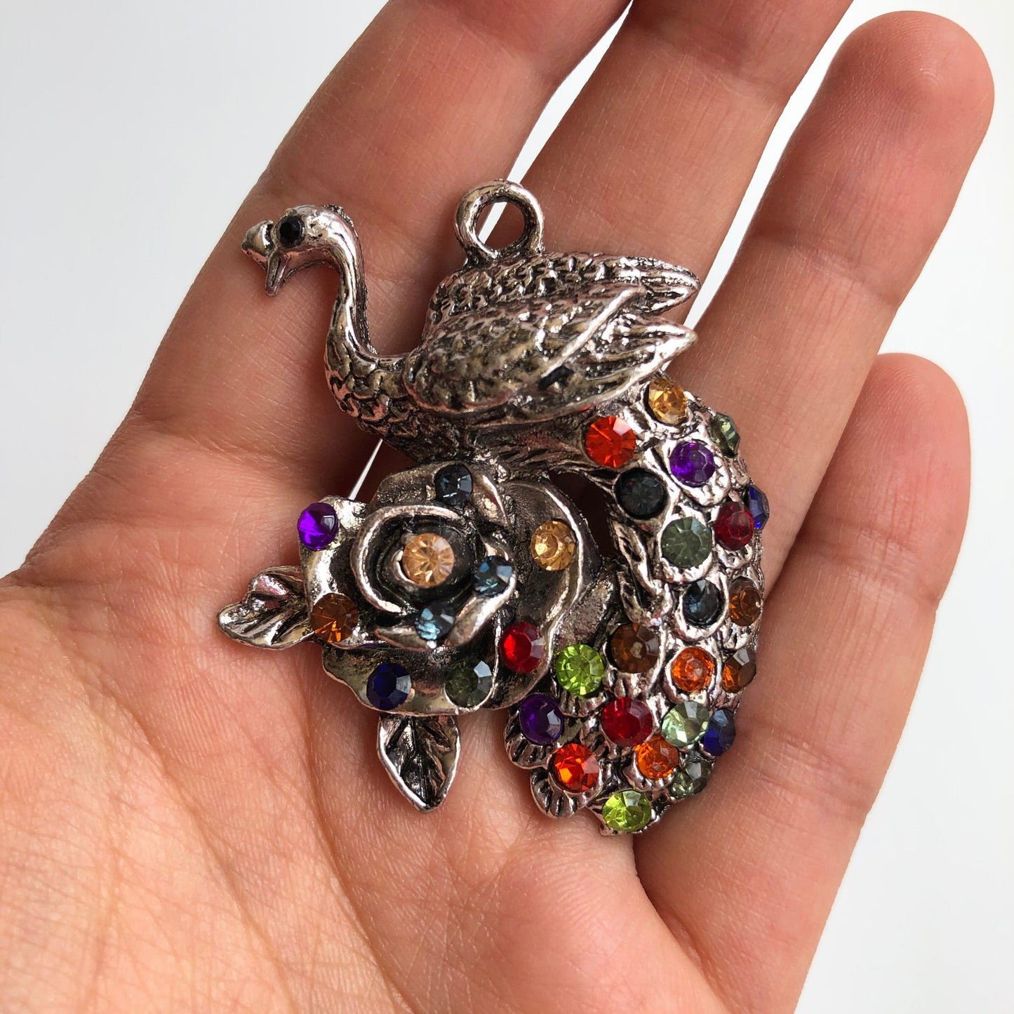 Silver Peacock Pendant Rainbow Rhinestone Gems 54mm Necklace Making Pendant 1x Piece