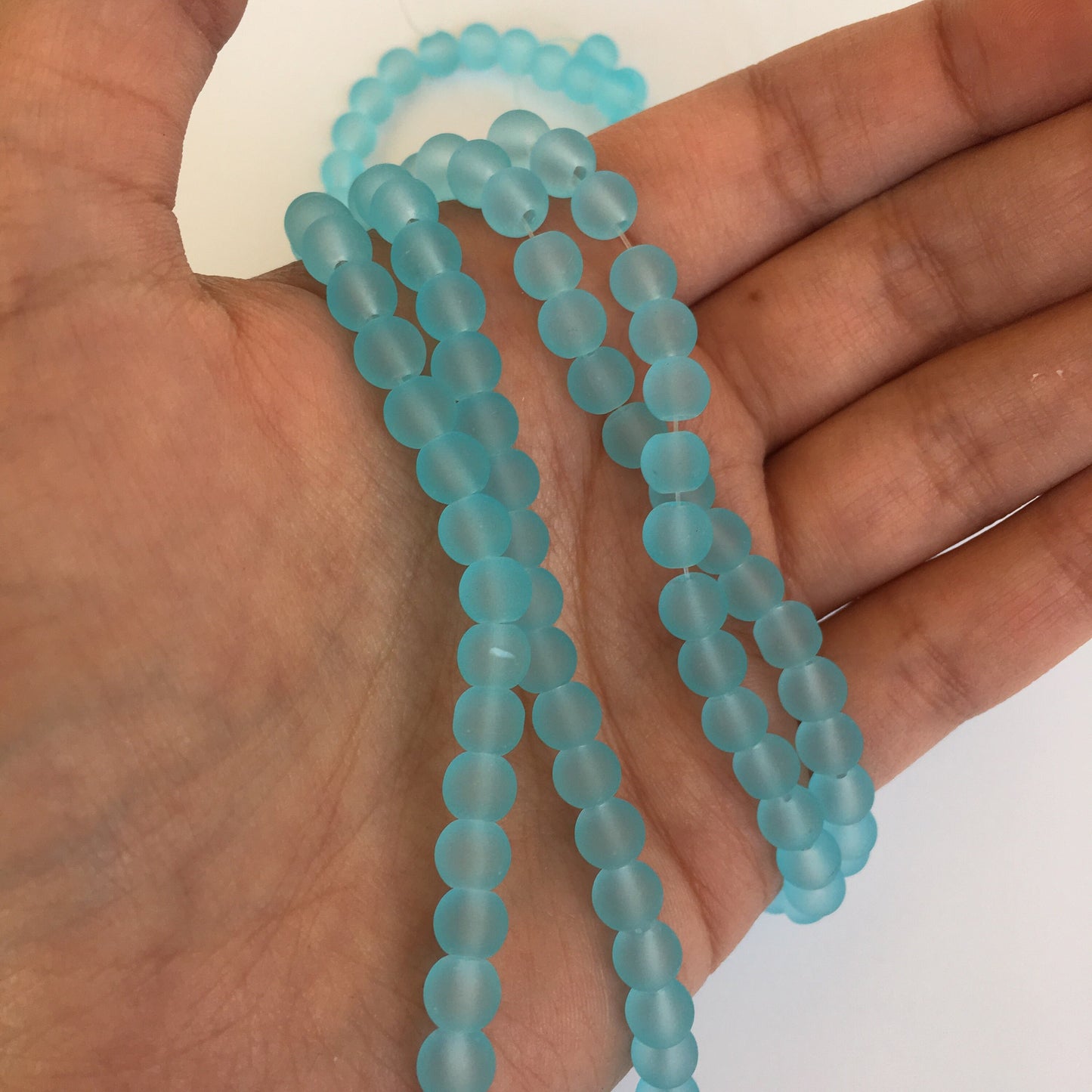 6mm Sky blue frosted glass beads - 135 pieces per strand - Loose jewellery making bead - Round transparent beads - 80cm strand