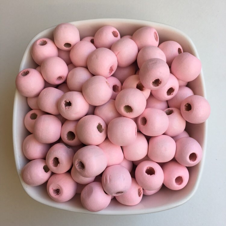 Round Pink Wood Beads - 14x13mm Baby Pink Craft Bead - 25 Pieces Wooden DIY Jewellery Making Macrame Beads